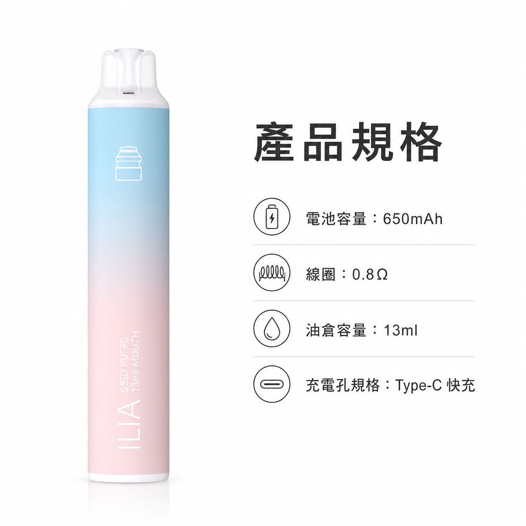 ILIA BAR4一次性電子煙多款口味包裝與規格色卡對照圖